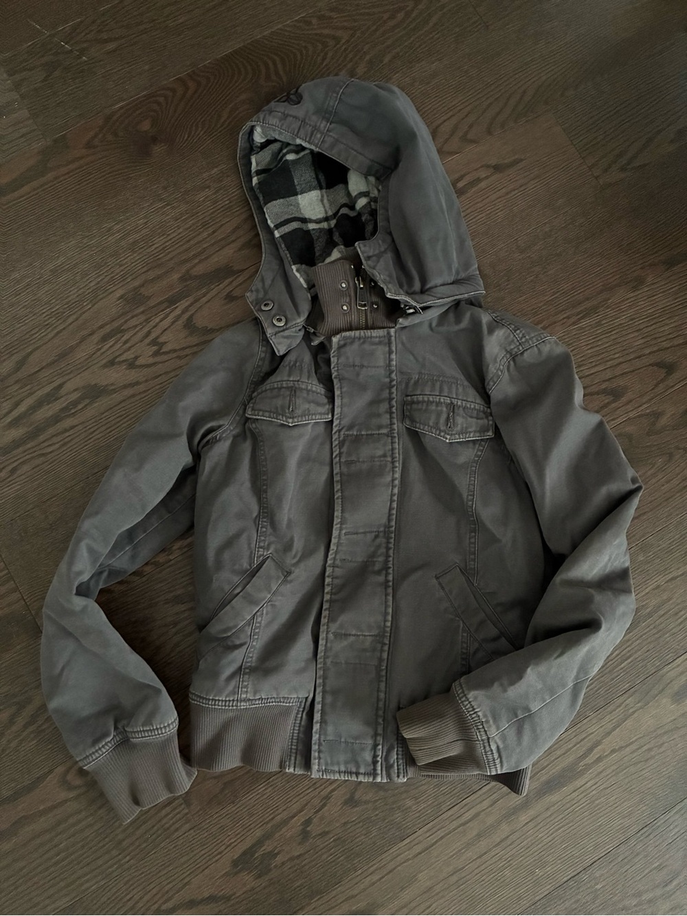 TNA Women's Hooded Bomber Jacket in Gray with Plaid Lining